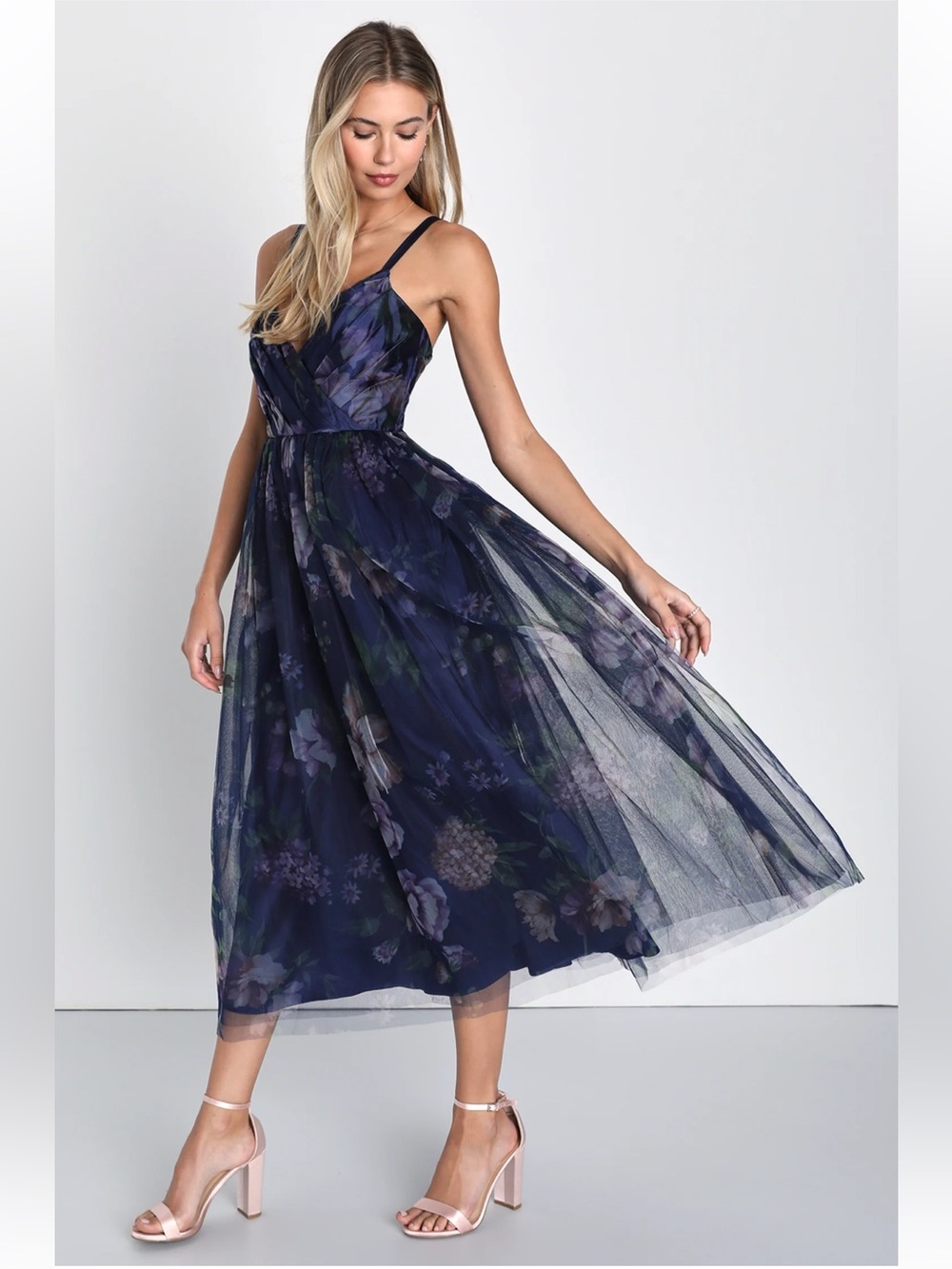 NWT Lulus Elaborate Elegance Navy Floral Print Tulle Pleated Midi Dress Evening